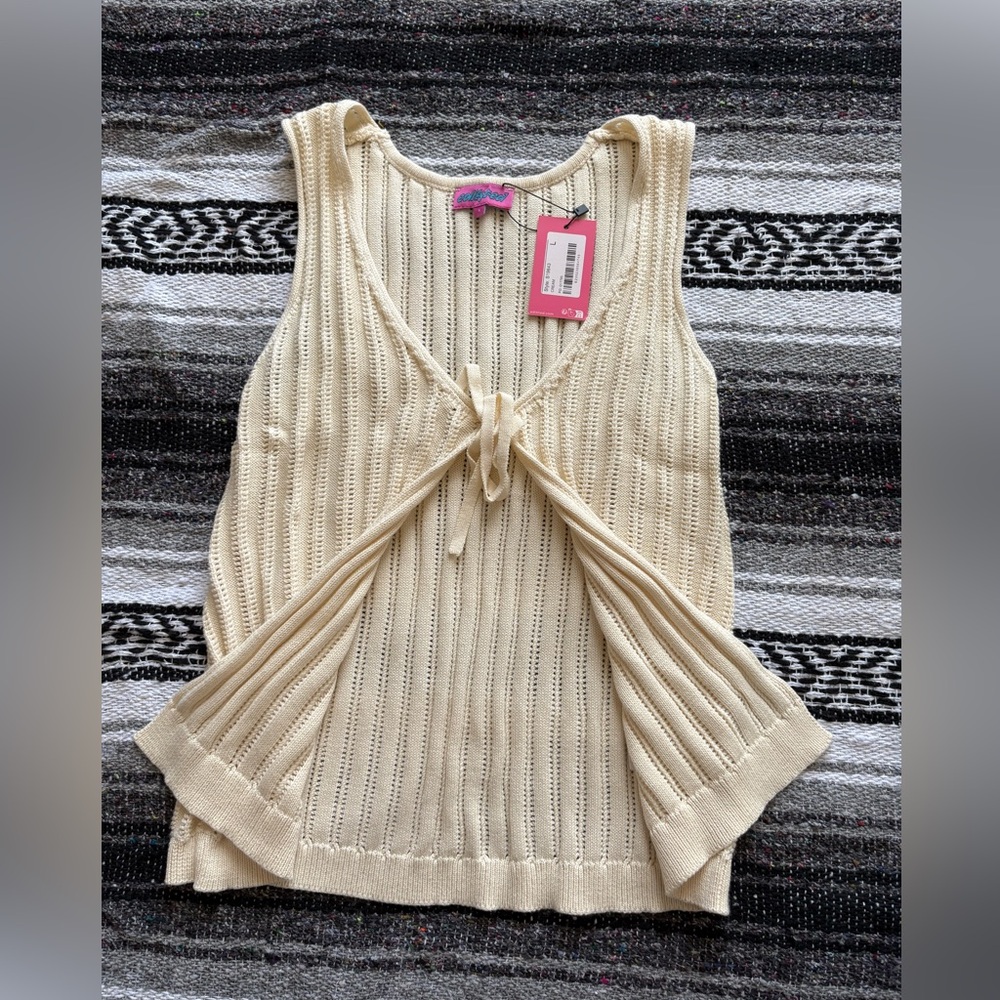 Women’s Cream Knit Vest Top Tie Front Size Large Y2K 90s Minimalist